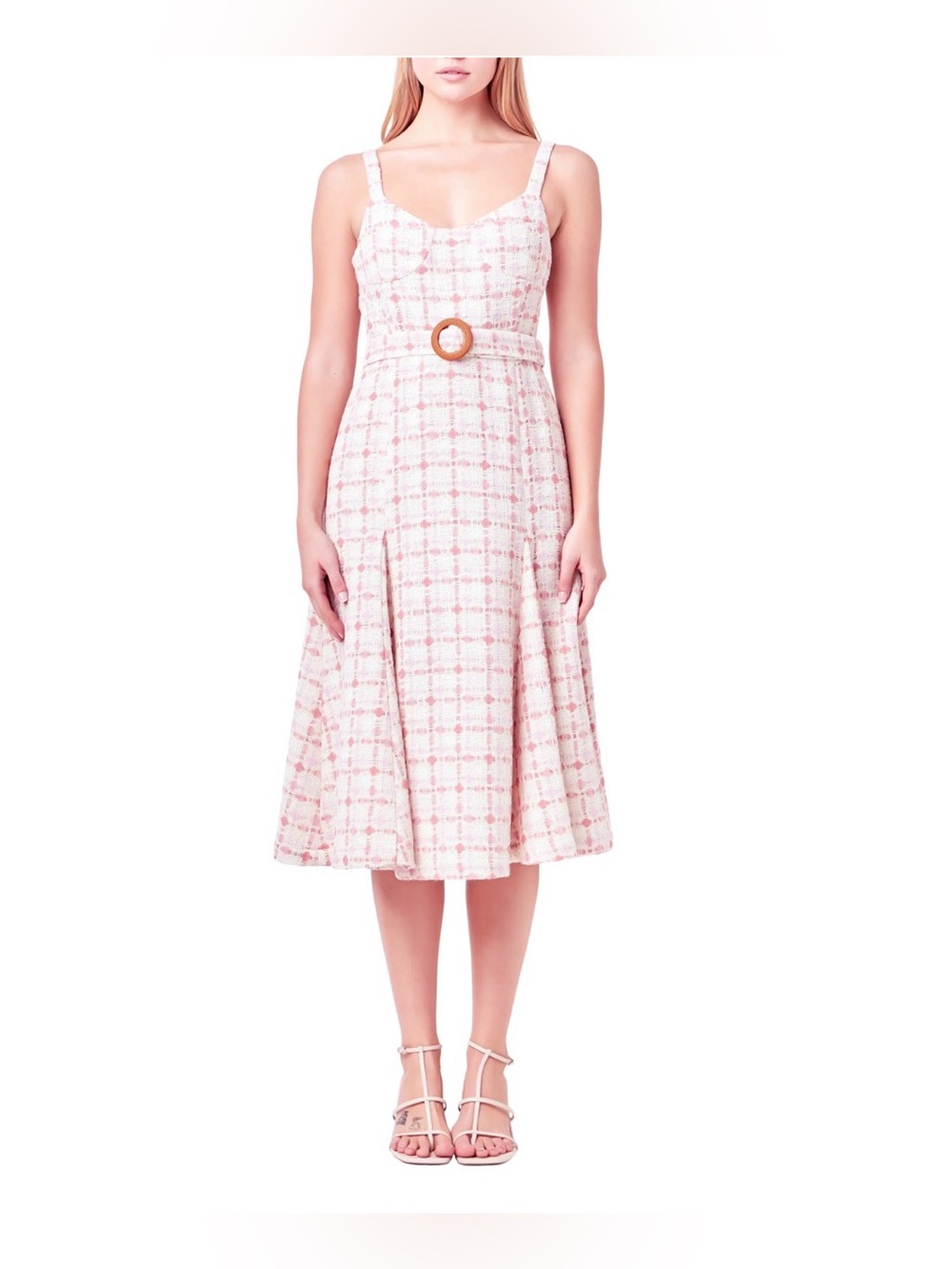 English Factory Pink/White Tweed Fit & Flare Plaid Midi Dress w/ Belt. Size med